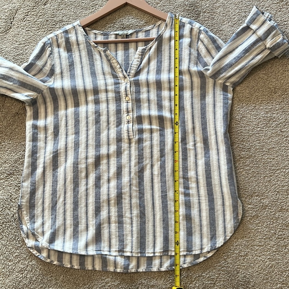 Linen Blend By Hester & Orchard Blue, Tan/Gray, White Striped Comfy Shirt Size M - Picture 8 of 10